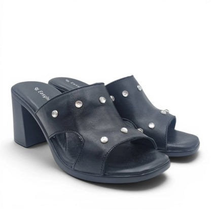 Sandalo Scalzato Donna Fascia con brillantini in Pelle Nero con tacco largo e Sottopiede Imbottito Morbido - Comodità ed Eleganza