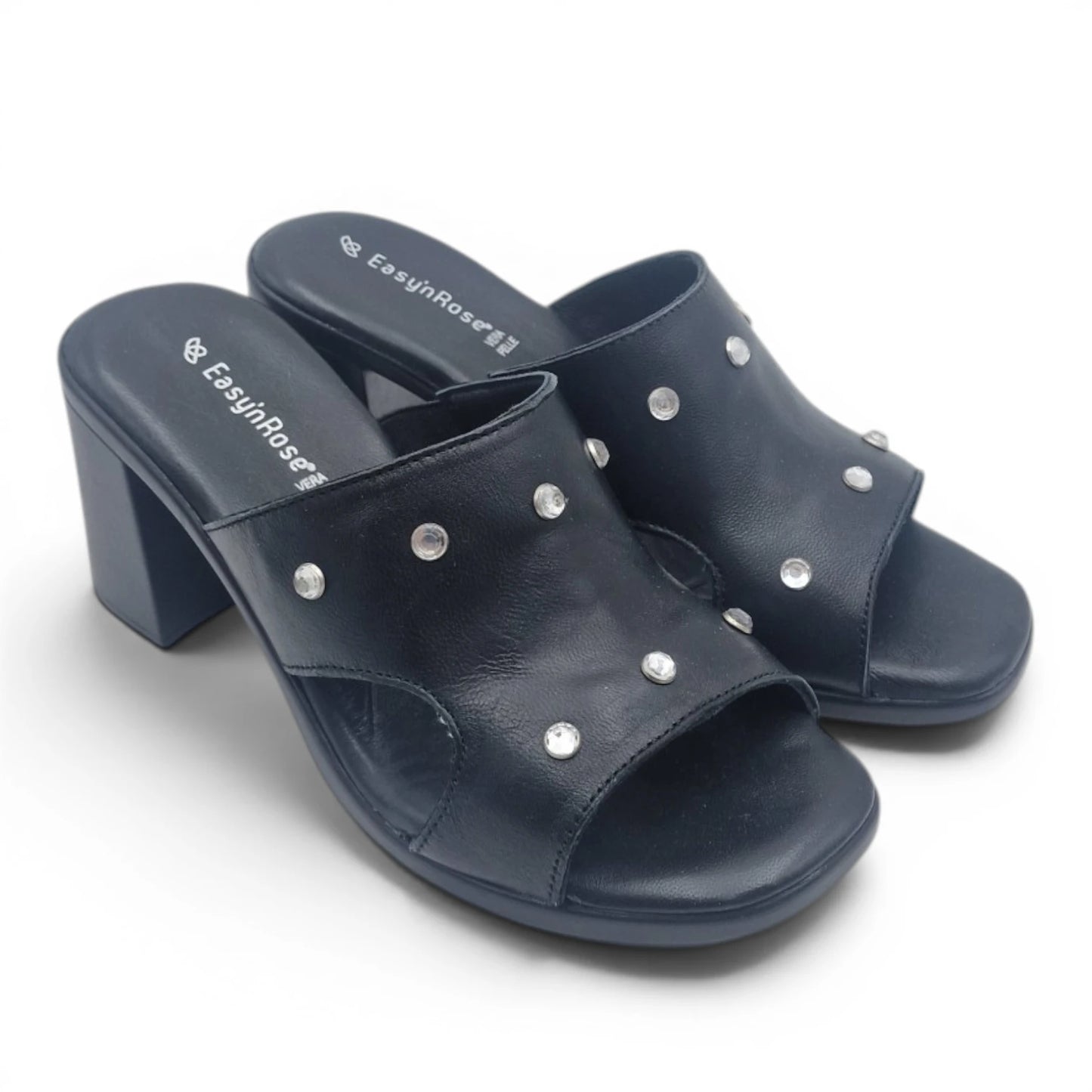 Sandalo Scalzato Donna Fascia con brillantini in Pelle Nero con tacco largo e Sottopiede Imbottito Morbido - Comodità ed Eleganza
