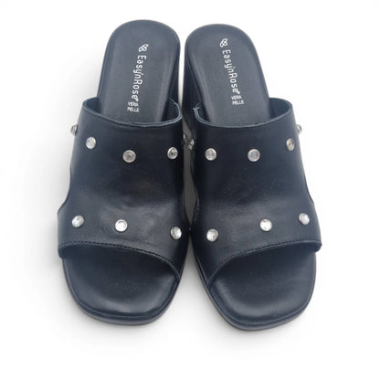 Sandalo Scalzato Donna Fascia con brillantini in Pelle Nero con tacco largo e Sottopiede Imbottito Morbido - Comodità ed Eleganza