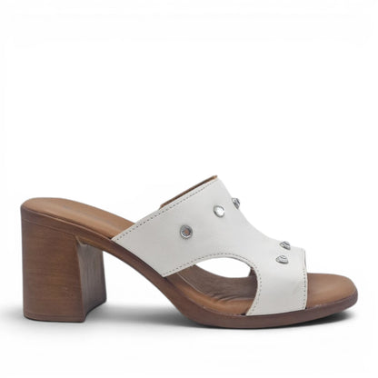 Sandalo Scalzato Donna Fascia con brillantini in Pelle Bianco con tacco largo e Sottopiede Imbottito Morbido - Comodità ed Eleganza