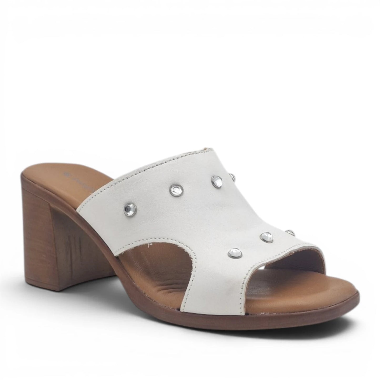 Sandalo Scalzato Donna Fascia con brillantini in Pelle Bianco con tacco largo e Sottopiede Imbottito Morbido - Comodità ed Eleganza