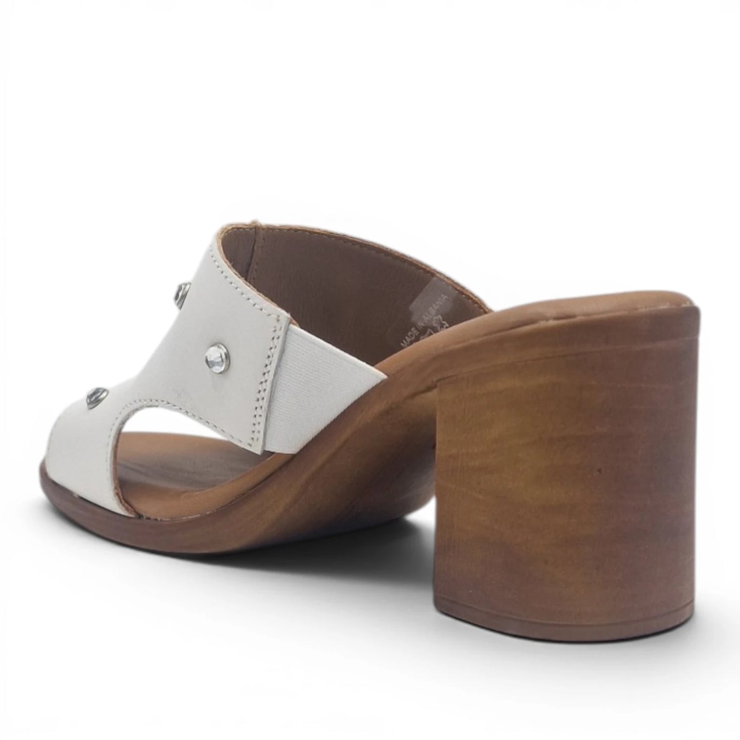 Sandalo Scalzato Donna Fascia con brillantini in Pelle Bianco con tacco largo e Sottopiede Imbottito Morbido - Comodità ed Eleganza