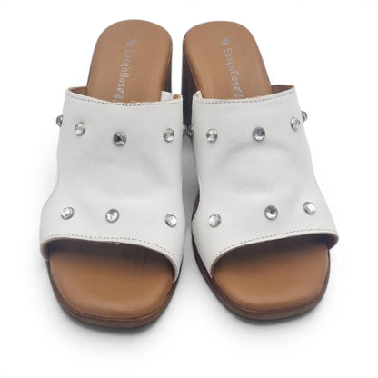 Sandalo Scalzato Donna Fascia con brillantini in Pelle Bianco con tacco largo e Sottopiede Imbottito Morbido - Comodità ed Eleganza