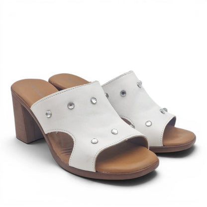 Sandalo Scalzato Donna Fascia con brillantini in Pelle Bianco con tacco largo e Sottopiede Imbottito Morbido - Comodità ed Eleganza