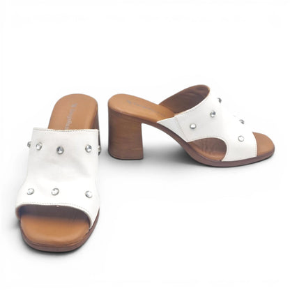 Sandalo Scalzato Donna Fascia con brillantini in Pelle Bianco con tacco largo e Sottopiede Imbottito Morbido - Comodità ed Eleganza
