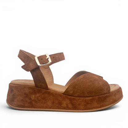 Sandalo Donna Frau in Pelle Scamosciata Cuoio - Zeppa Comoda e Stile Elegante
