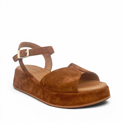 Sandalo Donna Frau in Pelle Scamosciata Cuoio - Zeppa Comoda e Stile Elegante