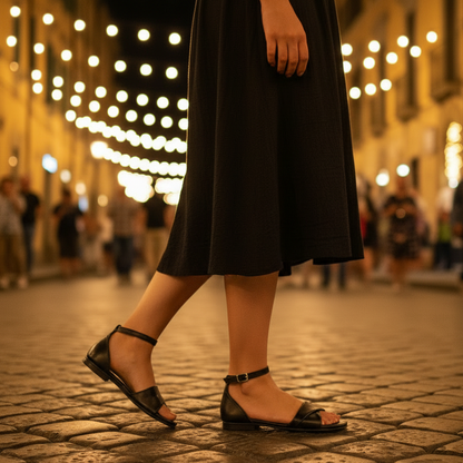 Sandalo Donna Scarpine Italiane Risvolto in Pelle Nero con Sottopiede Imbottito