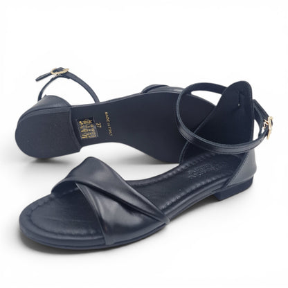 Sandalo Donna Scarpine Italiane Risvolto in Pelle Nero con Sottopiede Imbottito