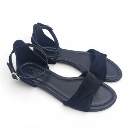 Sandalo Donna Scarpine Italiane Risvolto in Pelle Scamosciata Nero con Sottopiede Imbottito