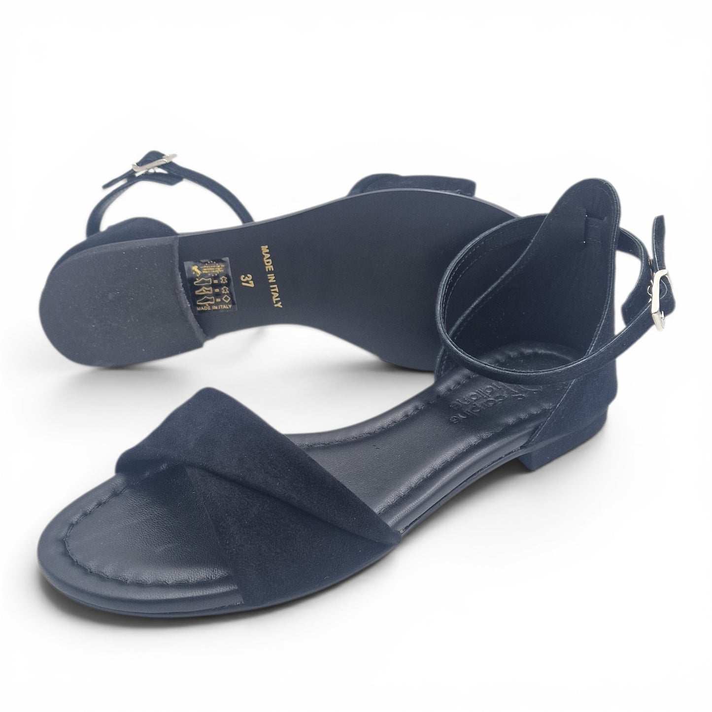 Sandalo Donna Scarpine Italiane Risvolto in Pelle Scamosciata Nero con Sottopiede Imbottito