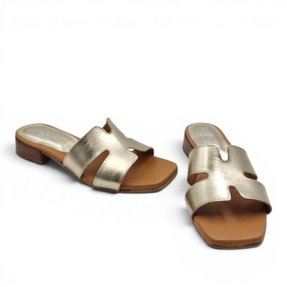 Sandalo Donna Scalzato Scarpine Italiane H con Tacco 3 cm in Pelle Platino con Sottopiede Imbottito