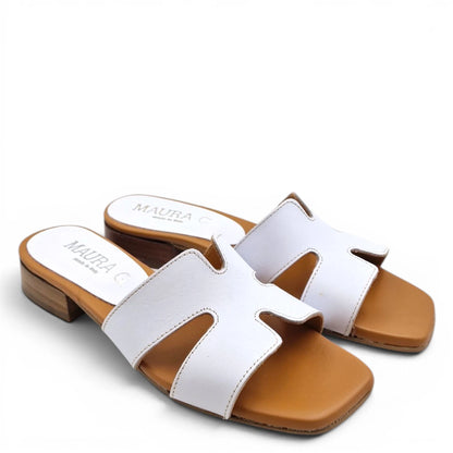 Sandalo Donna Scalzato Scarpine Italiane H con Tacco 3 cm in Pelle Bianco con Sottopiede Imbottito