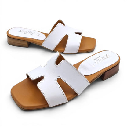 Sandalo Donna Scalzato Scarpine Italiane H con Tacco 3 cm in Pelle Bianco con Sottopiede Imbottito