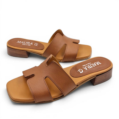 Sandalo Donna Scalzato Scarpine Italiane H con Tacco 3 cm in Pelle Cuoio con Sottopiede Imbottito
