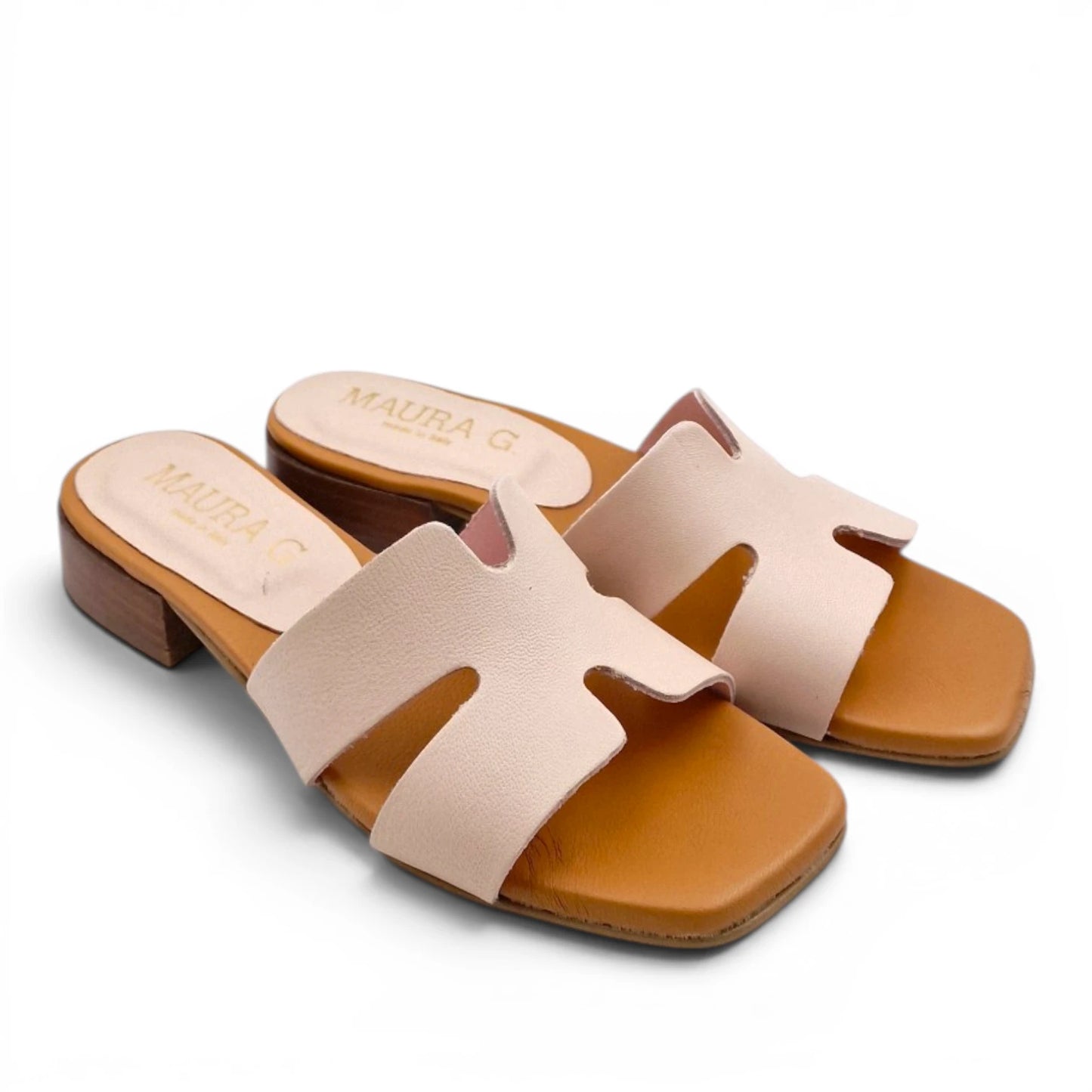 Sandalo Donna Scalzato Scarpine Italiane H con Tacco 3 cm in Pelle Cipria con Sottopiede Imbottito