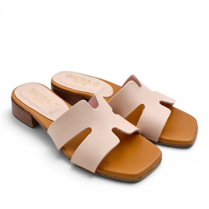 Sandalo Donna Scalzato Scarpine Italiane H con Tacco 3 cm in Pelle Cipria con Sottopiede Imbottito