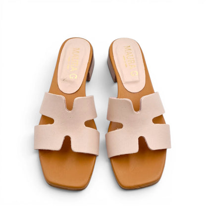 Sandalo Donna Scalzato Scarpine Italiane H con Tacco 3 cm in Pelle Cipria con Sottopiede Imbottito