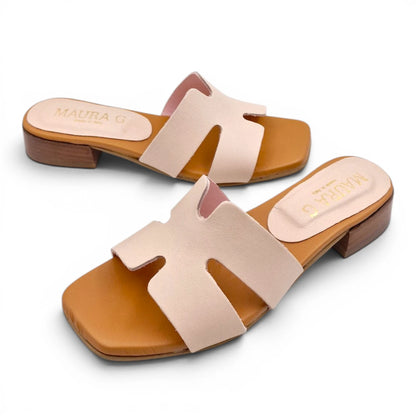 Sandalo Donna Scalzato Scarpine Italiane H con Tacco 3 cm in Pelle Cipria con Sottopiede Imbottito