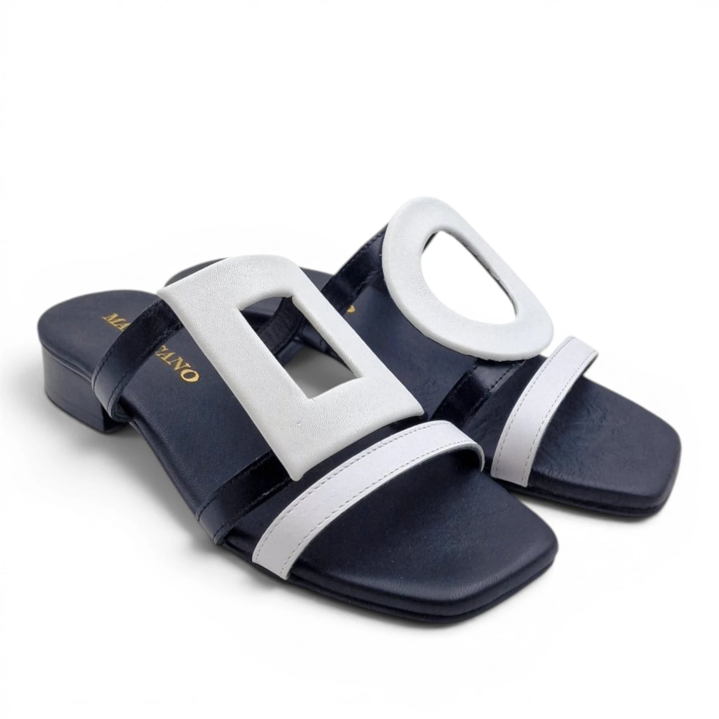 Sandalo Donna Scalzato Scarpine Italiane Greece con Tacco 3 cm in Pelle Nero riporti Bianco con Sottopiede Imbottito