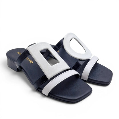 Sandalo Donna Scalzato Scarpine Italiane Greece con Tacco 3 cm in Pelle Nero riporti Bianco con Sottopiede Imbottito