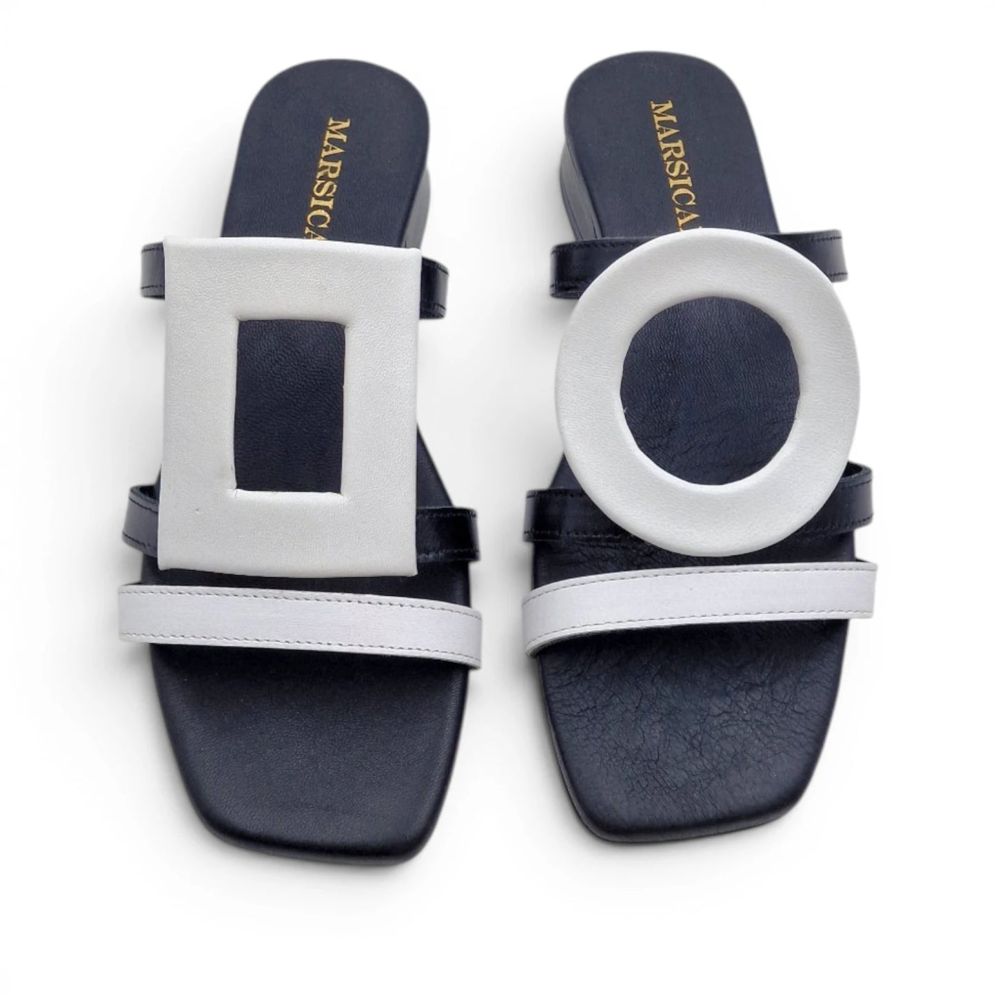 Sandalo Donna Scalzato Scarpine Italiane Greece con Tacco 3 cm in Pelle Nero riporti Bianco con Sottopiede Imbottito