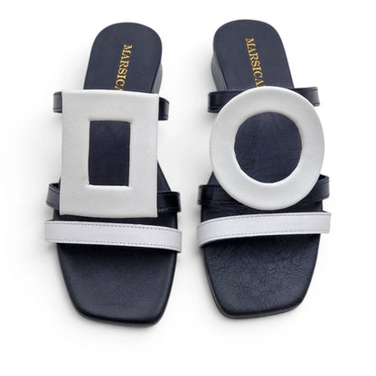 Sandalo Donna Scalzato Scarpine Italiane Greece con Tacco 3 cm in Pelle Nero riporti Bianco con Sottopiede Imbottito