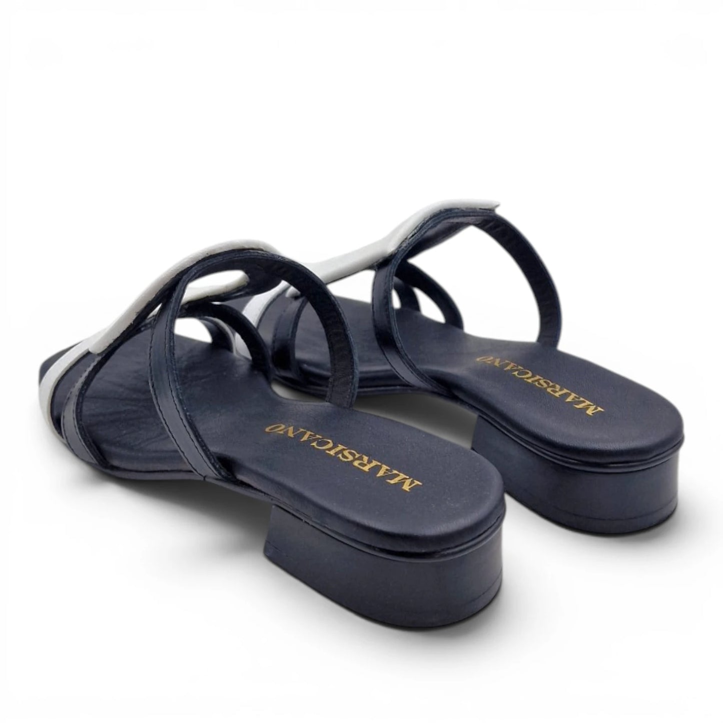 Sandalo Donna Scalzato Scarpine Italiane Greece con Tacco 3 cm in Pelle Nero riporti Bianco con Sottopiede Imbottito