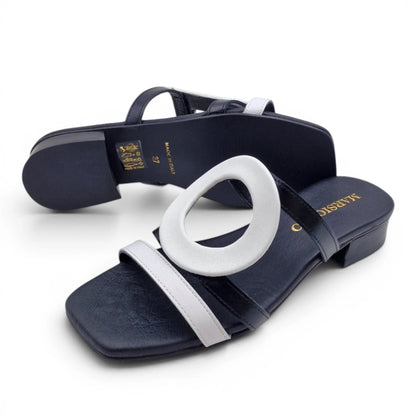 Sandalo Donna Scalzato Scarpine Italiane Greece con Tacco 3 cm in Pelle Nero riporti Bianco con Sottopiede Imbottito