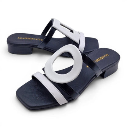 Sandalo Donna Scalzato Scarpine Italiane Greece con Tacco 3 cm in Pelle Nero riporti Bianco con Sottopiede Imbottito
