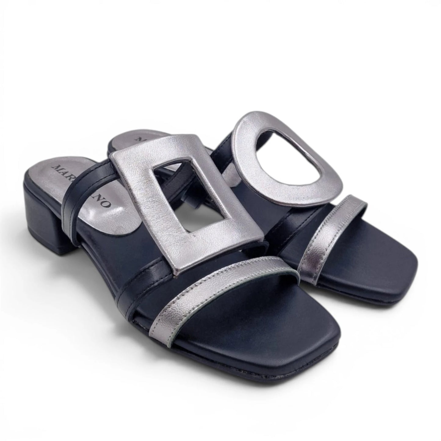 Sandalo Donna Scalzato Scarpine Italiane Greece con Tacco 4 cm in Pelle Nero riporti Acciaio con Sottopiede Imbottito