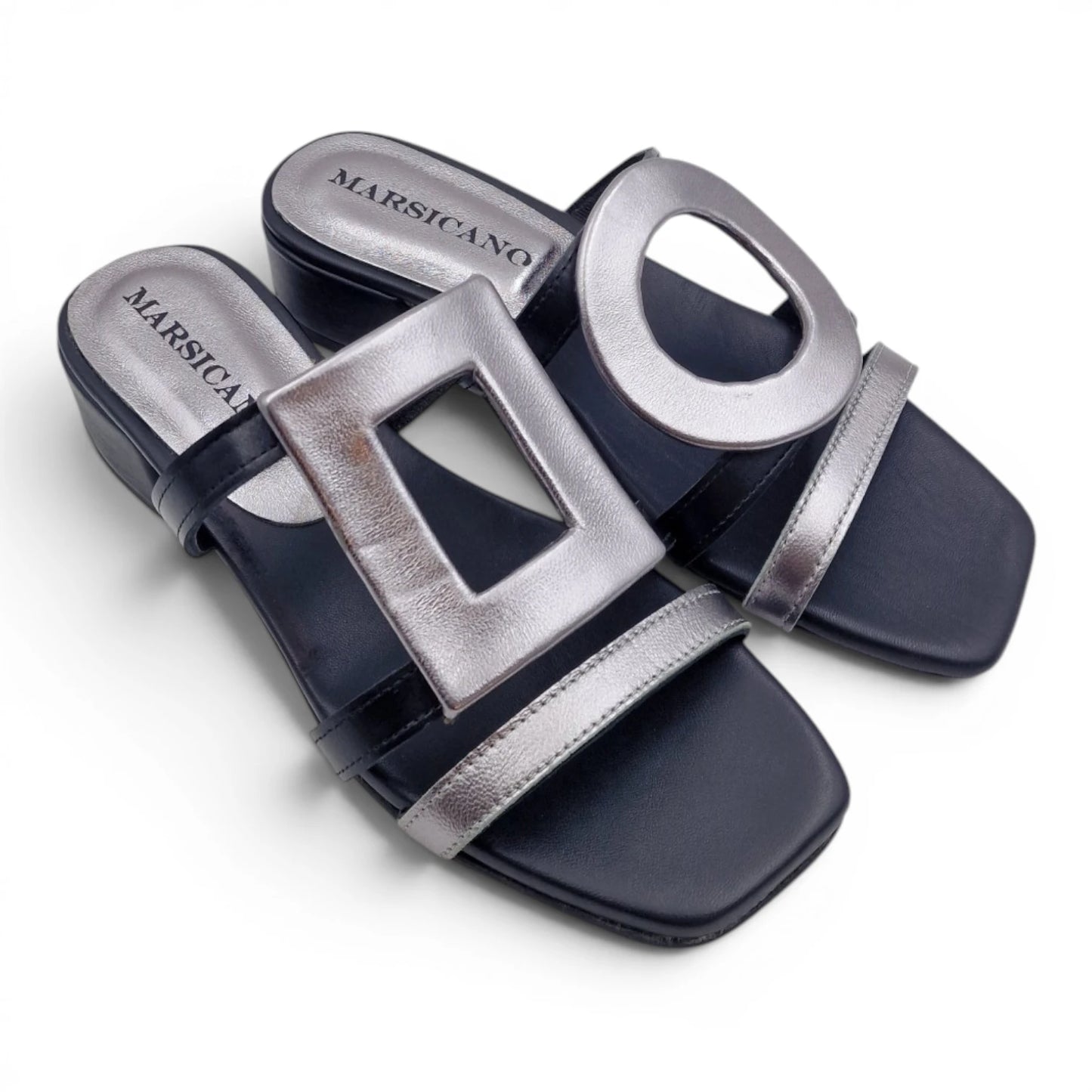 Sandalo Donna Scalzato Scarpine Italiane Greece con Tacco 4 cm in Pelle Nero riporti Acciaio con Sottopiede Imbottito
