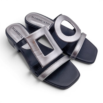 Sandalo Donna Scalzato Scarpine Italiane Greece con Tacco 4 cm in Pelle Nero riporti Acciaio con Sottopiede Imbottito