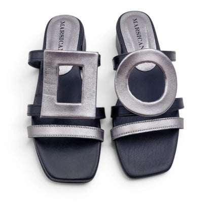 Sandalo Donna Scalzato Scarpine Italiane Greece con Tacco 4 cm in Pelle Nero riporti Acciaio con Sottopiede Imbottito