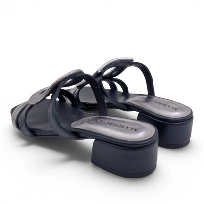 Sandalo Donna Scalzato Scarpine Italiane Greece con Tacco 4 cm in Pelle Nero riporti Acciaio con Sottopiede Imbottito