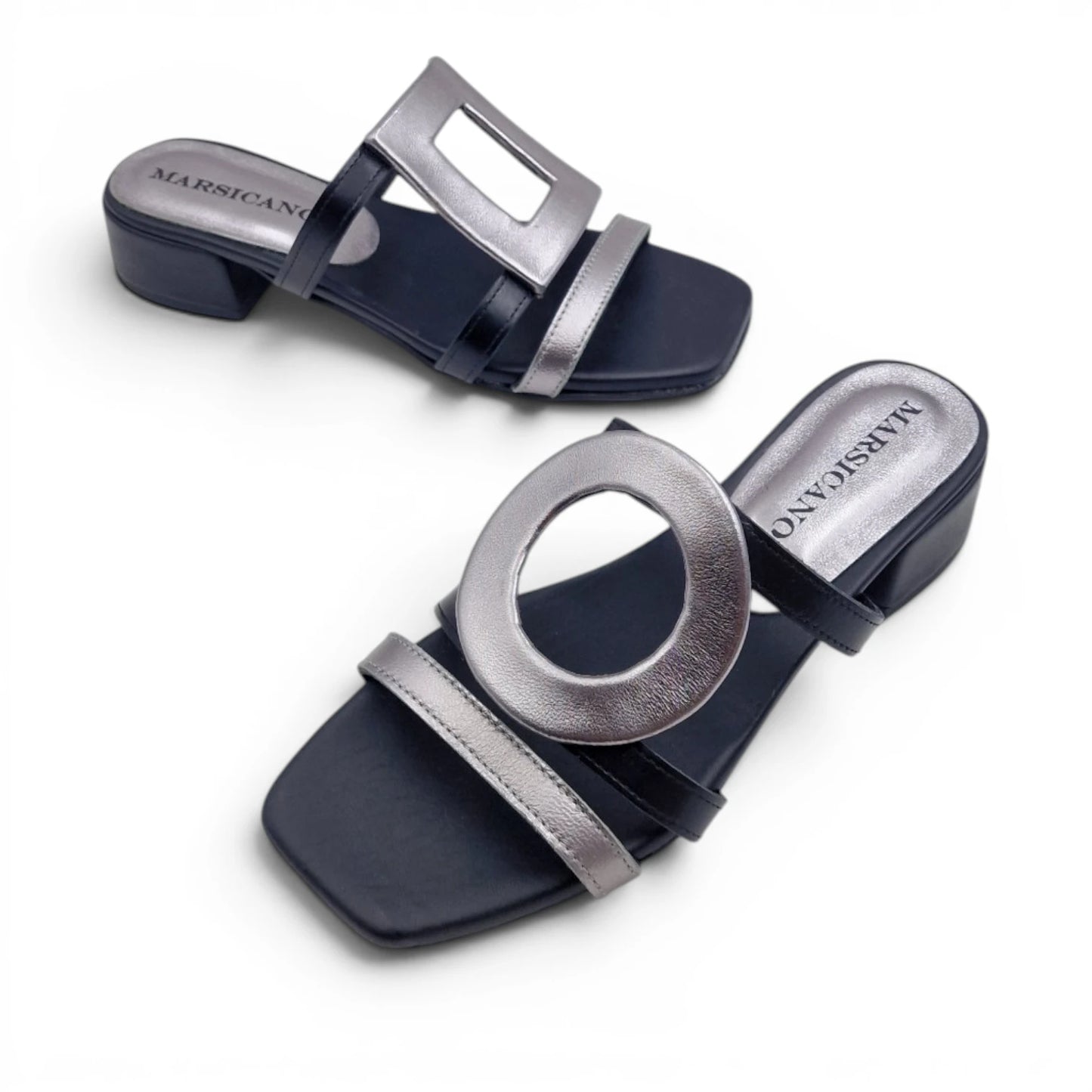 Sandalo Donna Scalzato Scarpine Italiane Greece con Tacco 4 cm in Pelle Nero riporti Acciaio con Sottopiede Imbottito