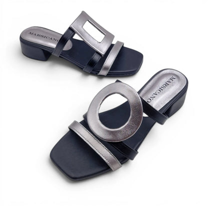 Sandalo Donna Scalzato Scarpine Italiane Greece con Tacco 4 cm in Pelle Nero riporti Acciaio con Sottopiede Imbottito