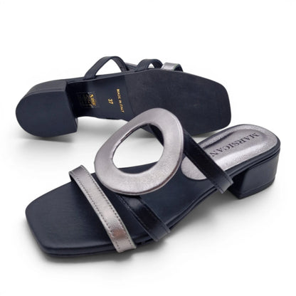 Sandalo Donna Scalzato Scarpine Italiane Greece con Tacco 4 cm in Pelle Nero riporti Acciaio con Sottopiede Imbottito