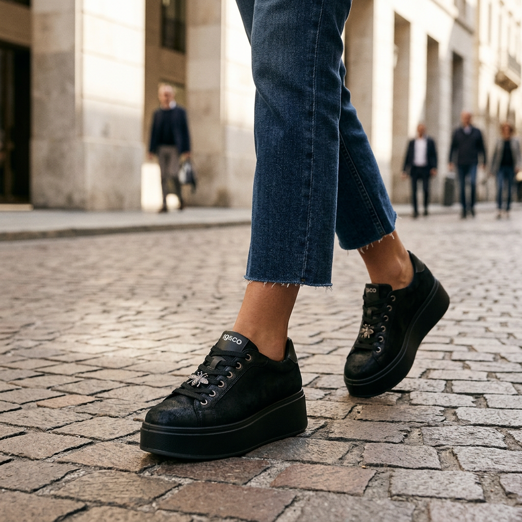 Sneakers Donna IGI&CO Nero in Pelle Glitter con Platform Alto