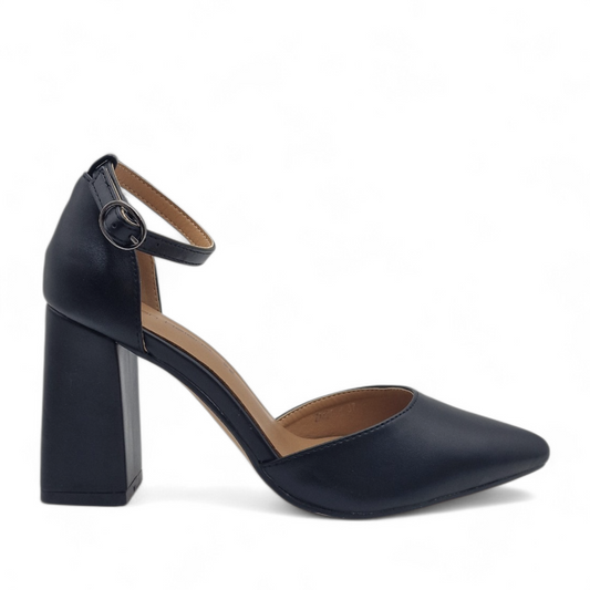 Décolleté donna nere Queen Helena in vera pelle con cinturino alla caviglia e tacco a blocco, scarpe eleganti per cerimonia.