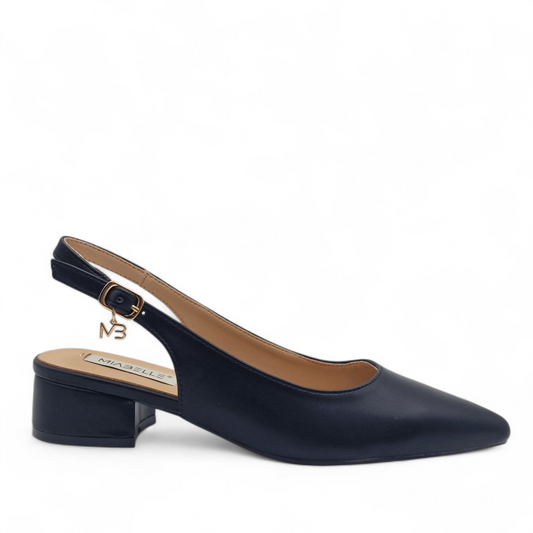 Décolleté slingback nere Miabelle con tacco basso, cinturino regolabile e sottopiede in vera pelle, scarpe donna eleganti.