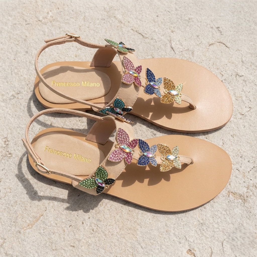 Sandalo Gioiello Donna Flat infradito Farfalle Pelle Scamosciata Beige