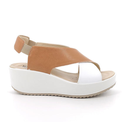 Sandalo Donna Igi&co Zeppa con Incrocio Cuoio/Bianco