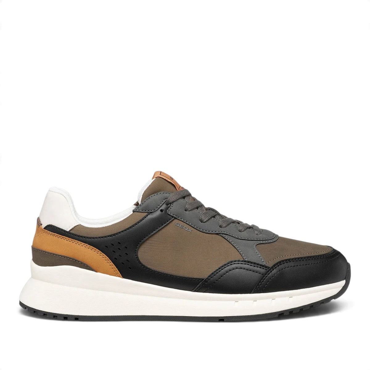 Sneakers Uomo Geox in Tessuto Militare riporti Ecopelle Nero e Cuoio