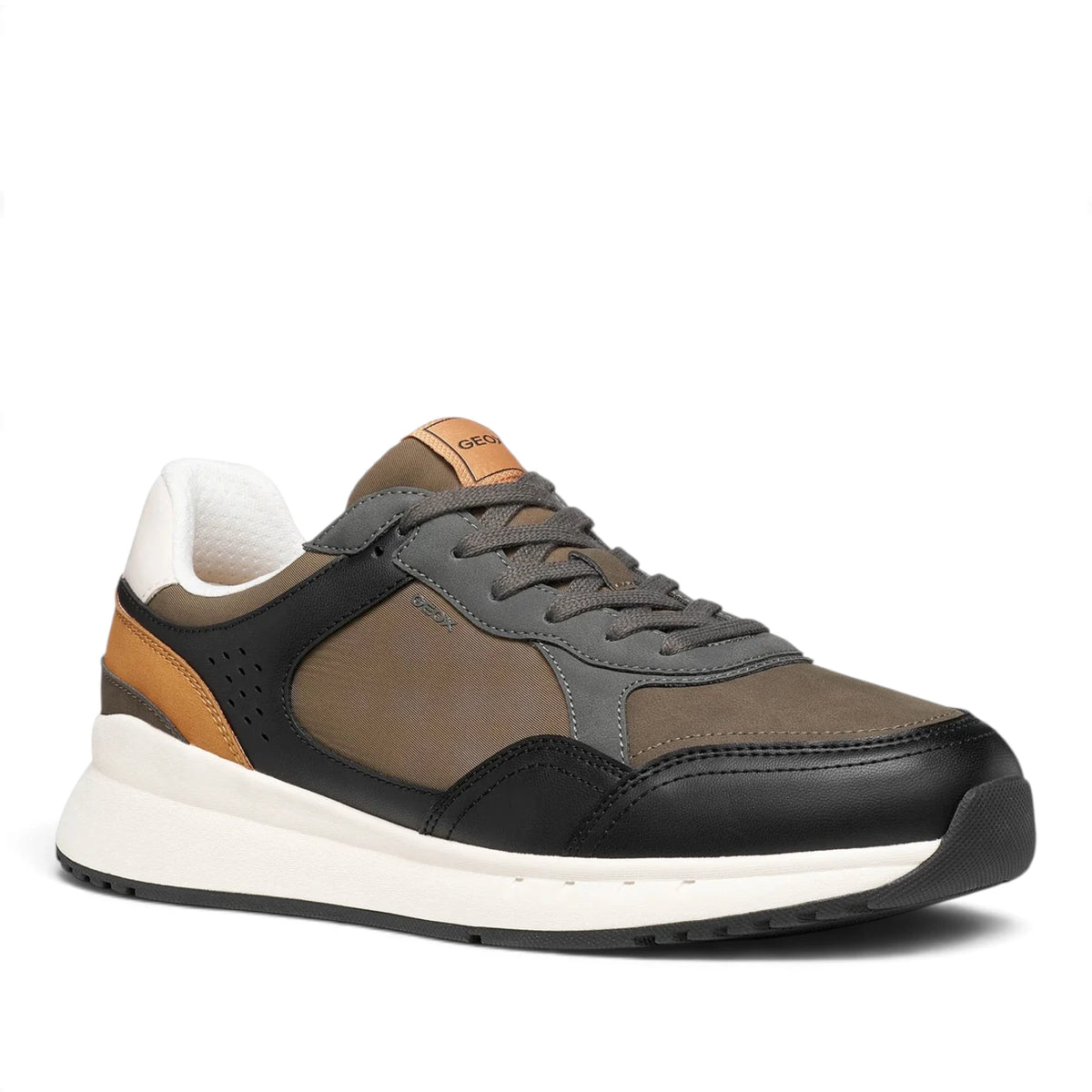 Sneakers Uomo Geox in Tessuto Militare riporti Ecopelle Nero e Cuoio