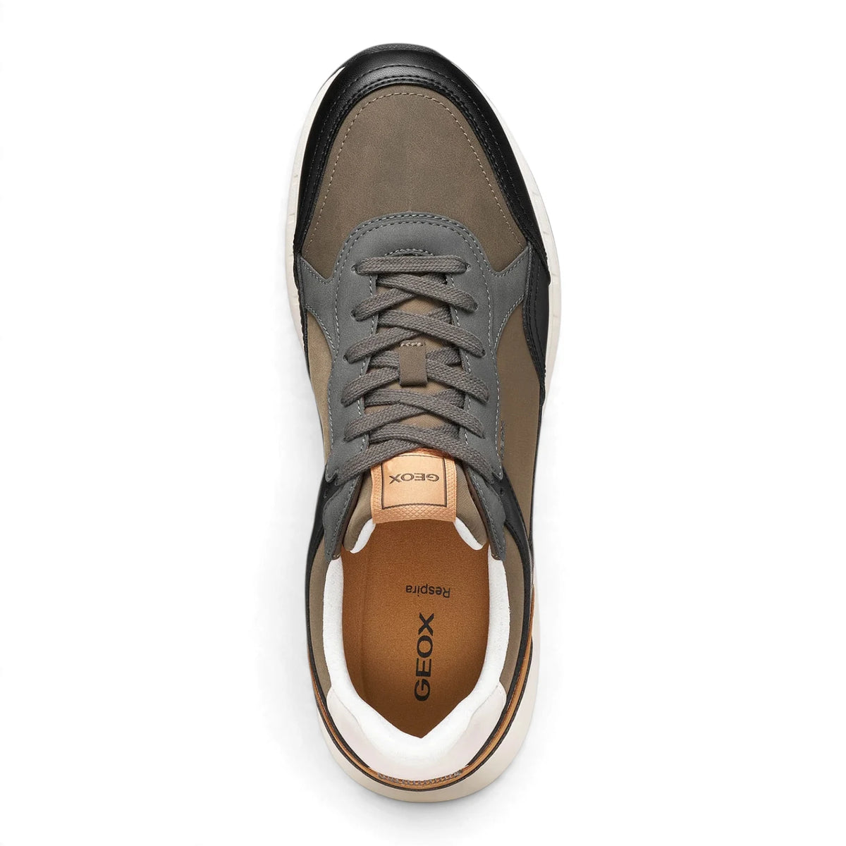 Sneakers Uomo Geox in Tessuto Militare riporti Ecopelle Nero e Cuoio
