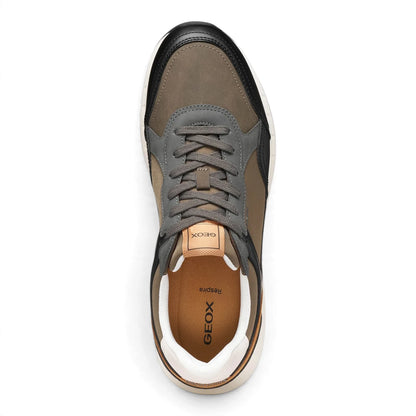 Sneakers Uomo Geox in Tessuto Militare riporti Ecopelle Nero e Cuoio