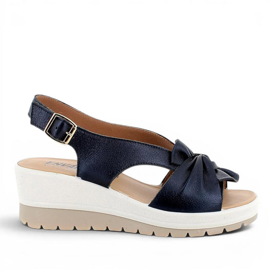 Sandalo Donna Enval Soft Fiocco in Pelle Blu con Zeppa Comoda