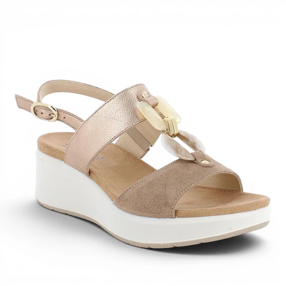 Sandalo Donna Enval Soft in Pelle Beige - Bronzo con Accessorio - Zeppa Comoda e Stile Elegante