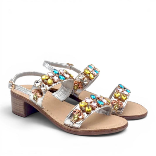Sandalo Gioiello Donna Tacchetto con fasce Laminato Argento e Plantare Soft in pelle